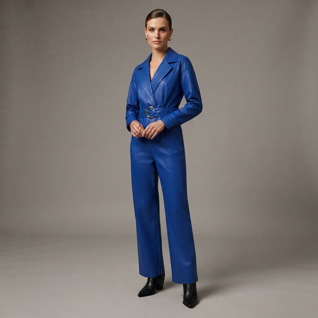 Women's Blue Leather Jumpsuit