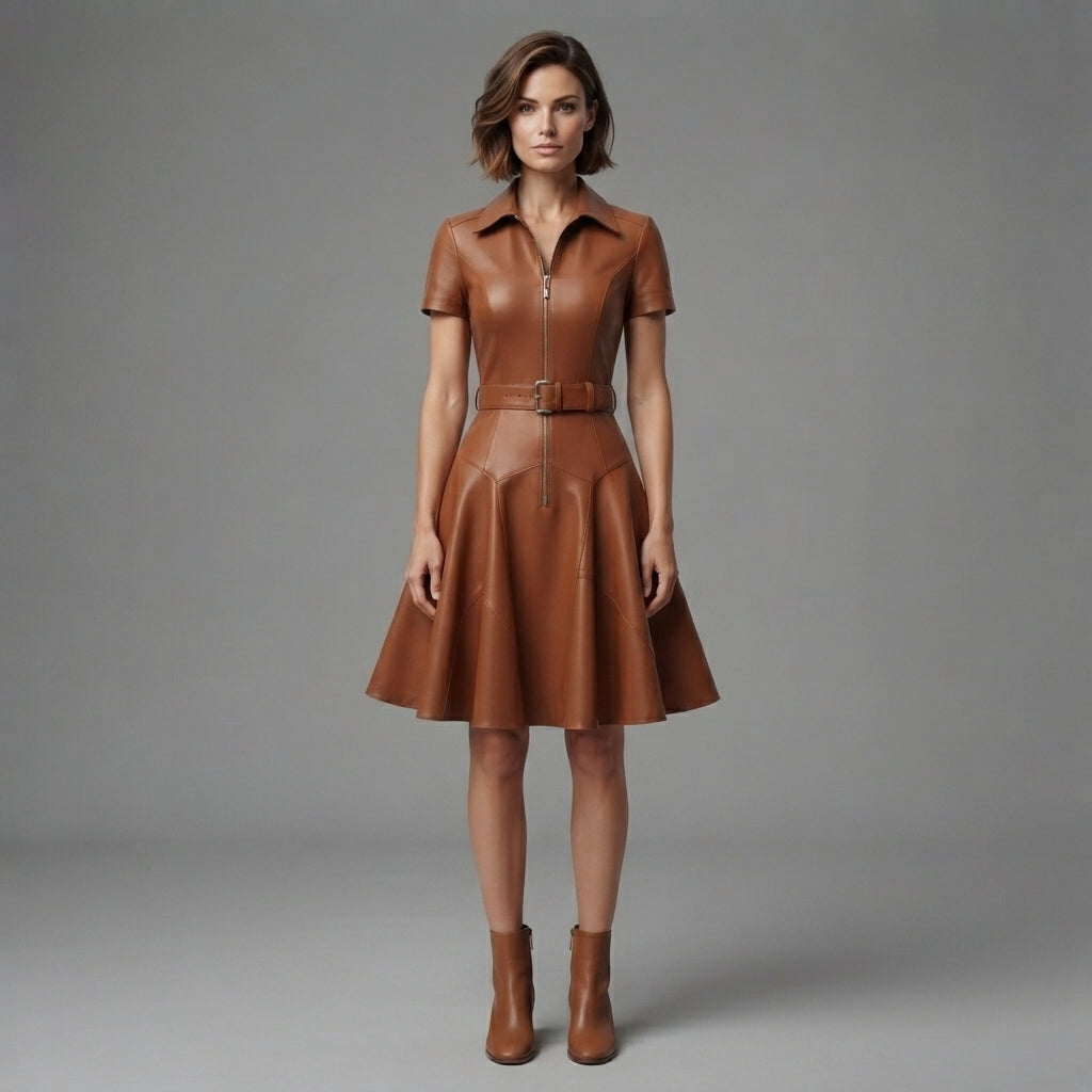 Buy Women's Brown Half Sleeves Leather Dress