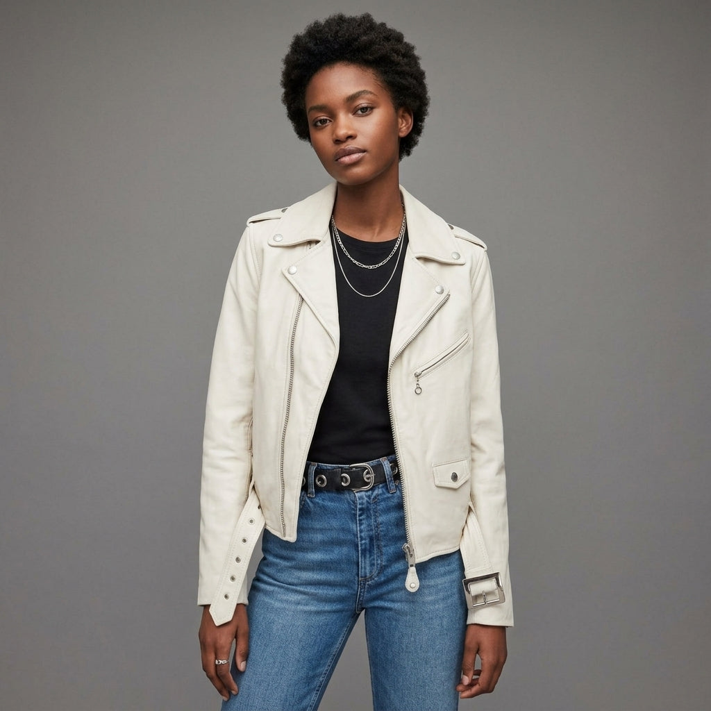 Buy Women's White Leather Motorcycle Jacket