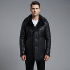 Men's Black Leather Jacket with Black fur Collar