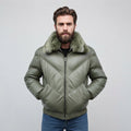 Mens Leather Down Puffer Jacket in Bomber Style