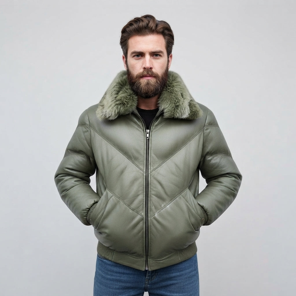 Mens Leather Down Puffer Jacket in Bomber Style