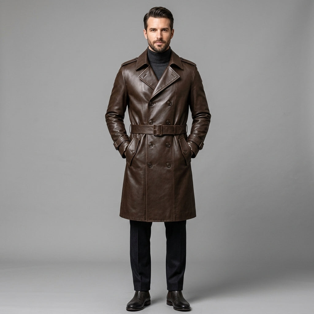 Men's Brown Leather Trench Coat
