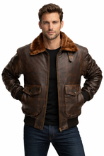 Load image into Gallery viewer, Men’s Vintage Brown Leather Pilot Jacket – Fur Collar Flight Bomber
