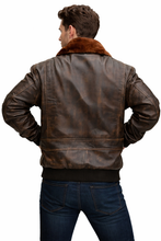 Load image into Gallery viewer, Men’s Vintage Brown Leather Pilot Jacket – Fur Collar Flight Bomber
