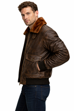 Load image into Gallery viewer, Men’s Vintage Brown Leather Pilot Jacket – Fur Collar Flight Bomber
