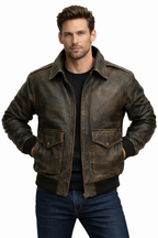 Men’s Antique Distressed Leather Pilot Jacket – Vintage Flight Bomber
