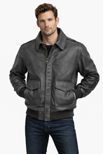 Load image into Gallery viewer, Metropolitan Charcoal Grey Leather Flight Bomber Jacket – Aviator Style
