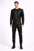 Men’s Black Real Leather Slim-Fit Jacket – Round Neck Racer Style