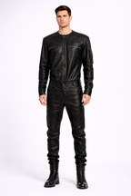 Men’s Black Real Leather Slim-Fit Jacket – Round Neck Racer Style