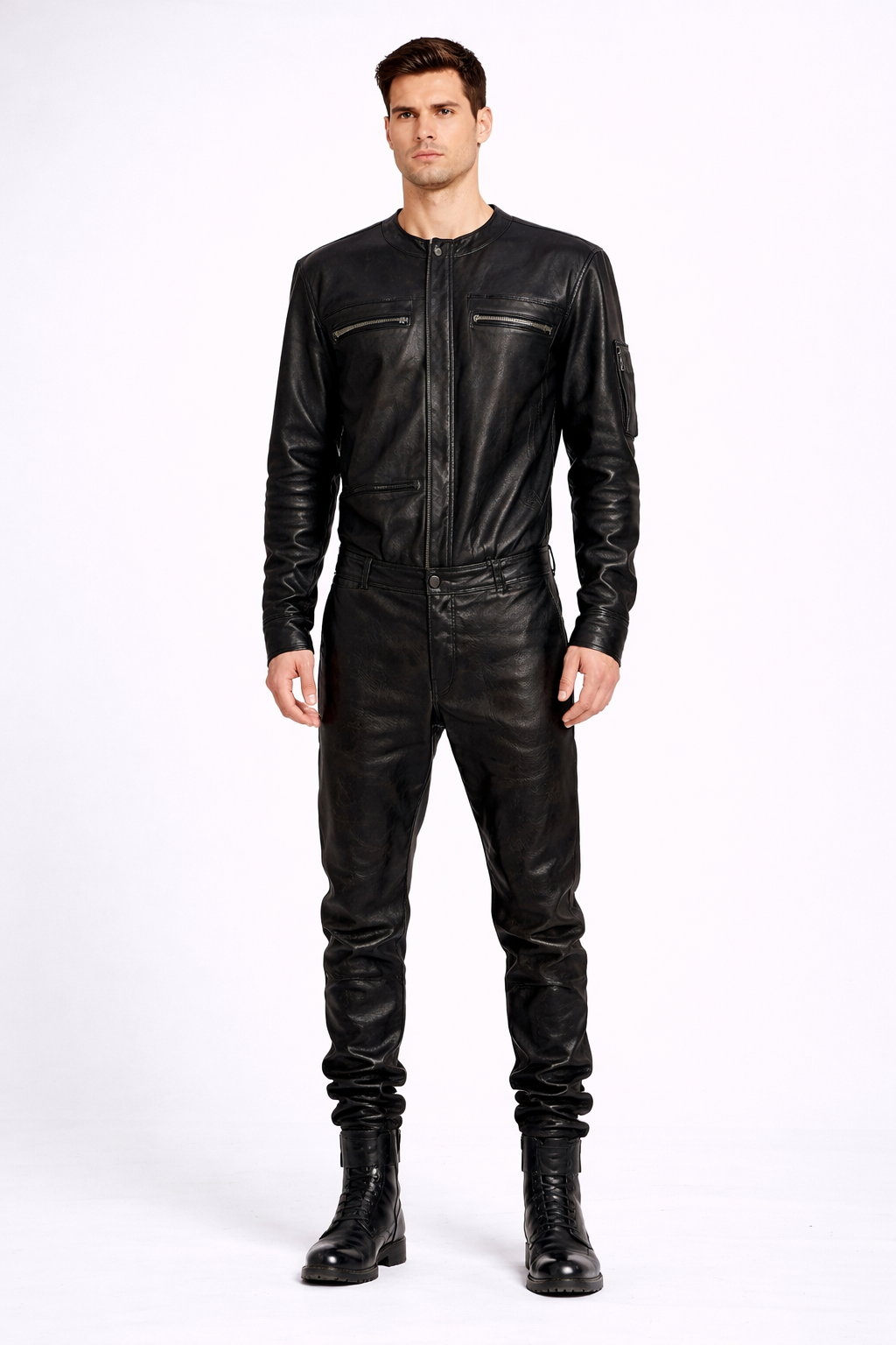 Herren Schwarze Echtleder Slim-Fit Jacke – Rundhals Racer Style