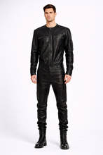 Load image into Gallery viewer, Men’s Black Real Leather Slim-Fit Jacket – Round Neck Racer Style
