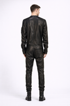 Men’s Black Real Leather Slim-Fit Jacket – Round Neck Racer Style