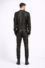 Load image into Gallery viewer, Men’s Black Real Leather Slim-Fit Jacket – Round Neck Racer Style
