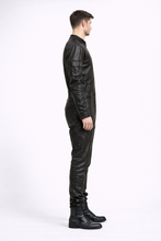 Load image into Gallery viewer, Men’s Black Real Leather Slim-Fit Jacket – Round Neck Racer Style
