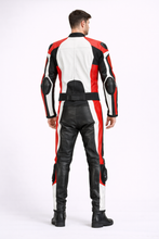 Load image into Gallery viewer, Men’s Red White Black Two-Piece Motorcycle Leather Suit

