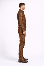 Load image into Gallery viewer, Men’s Brown Leather Racing Jumpsuit – Vintage Biker Moto Suit
