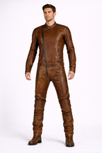 Load image into Gallery viewer, Men’s Brown Leather Racing Jumpsuit – Vintage Biker Moto Suit
