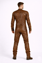 Load image into Gallery viewer, Men’s Brown Leather Racing Jumpsuit – Vintage Biker Moto Suit
