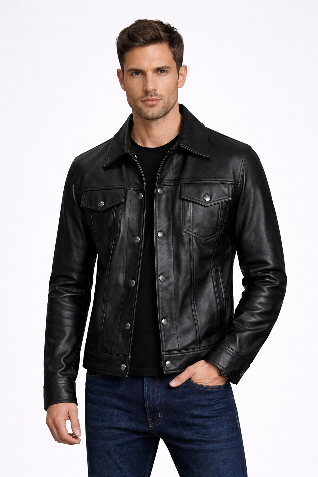 Men's Black Leather Trucker Jacket