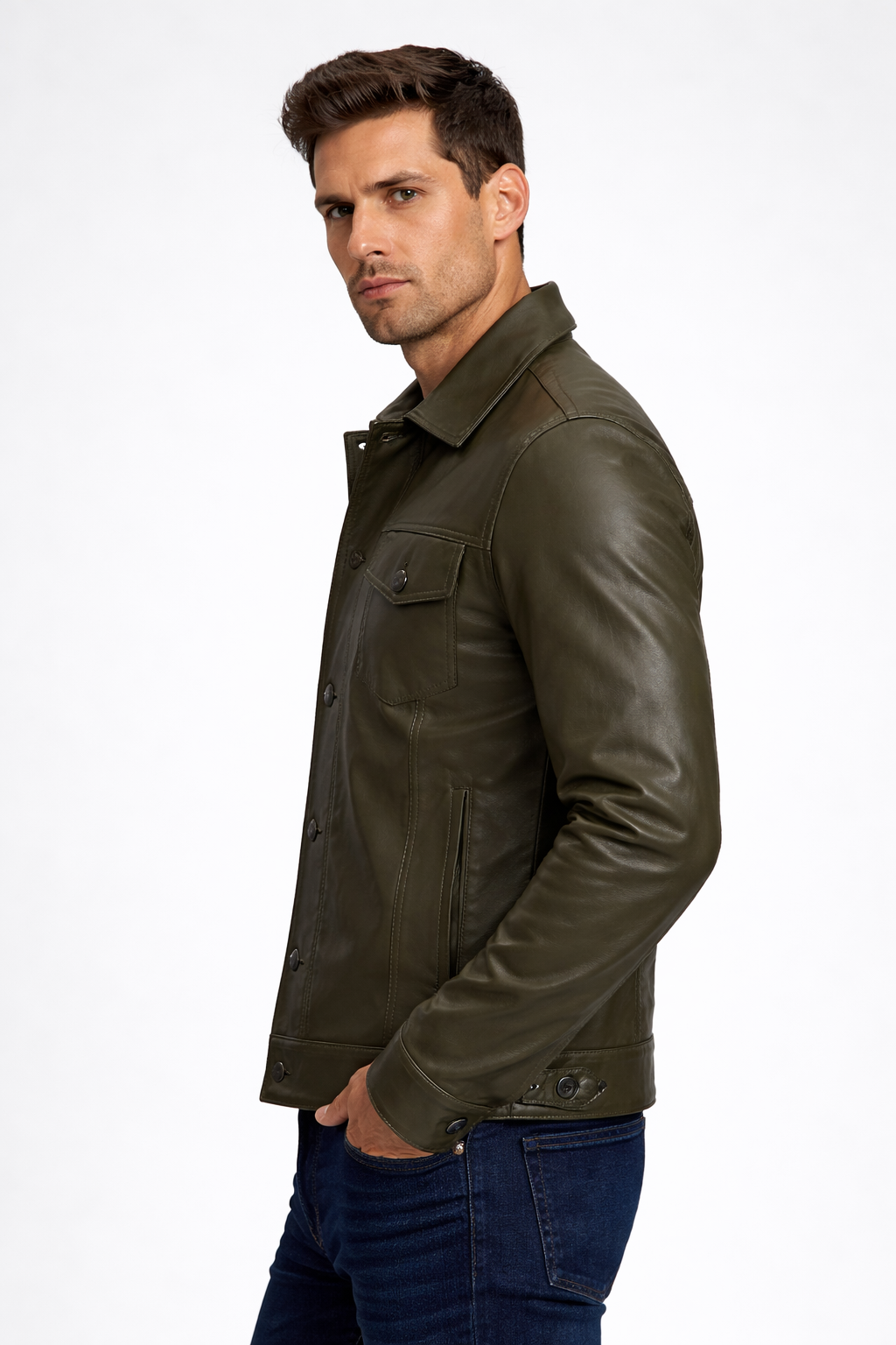 Men's Olive Green Real Leather Trucker Jacket