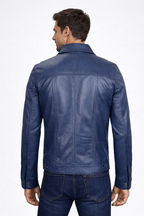 Men's Blue Leather Trucker Jacket