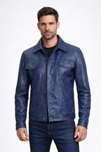 Men's Blue Leather Trucker Jacket