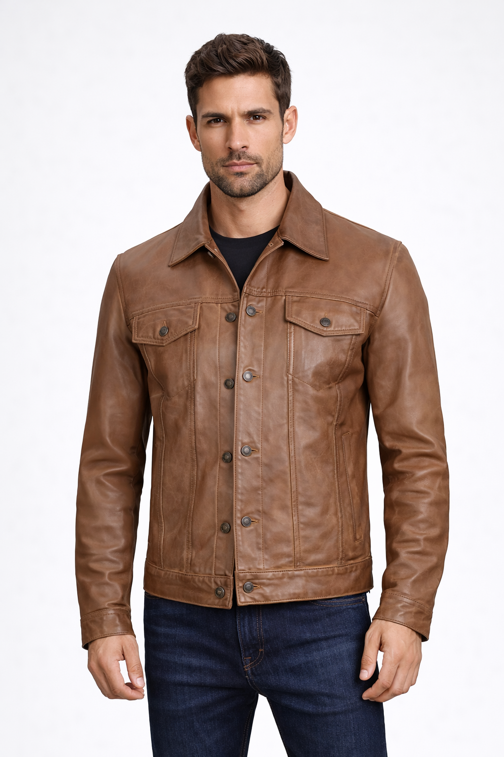 Men's Camel Brown Trucker Leather Jacket
