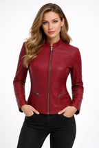Women's Burgundy Leather Jacket Slim Fit Biker Style Jacket