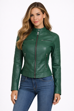 Load image into Gallery viewer, Women’s Green Cafe Racer Leather Jacket
