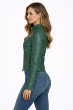 Load image into Gallery viewer, Women’s Green Cafe Racer Leather Jacket
