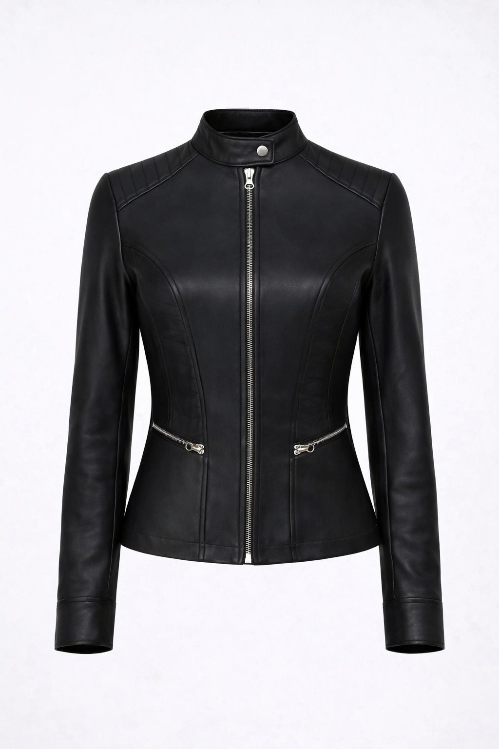 Women’s Black Cafe Racer Leather Jacket – Quilted Biker Fit
