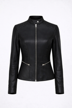 Load image into Gallery viewer, Women’s Black Cafe Racer Leather Jacket – Quilted Biker Fit
