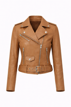 Women’s Brown Belted Moto Leather Jacket
