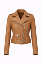 Load image into Gallery viewer, Women’s Brown Belted Moto Leather Jacket
