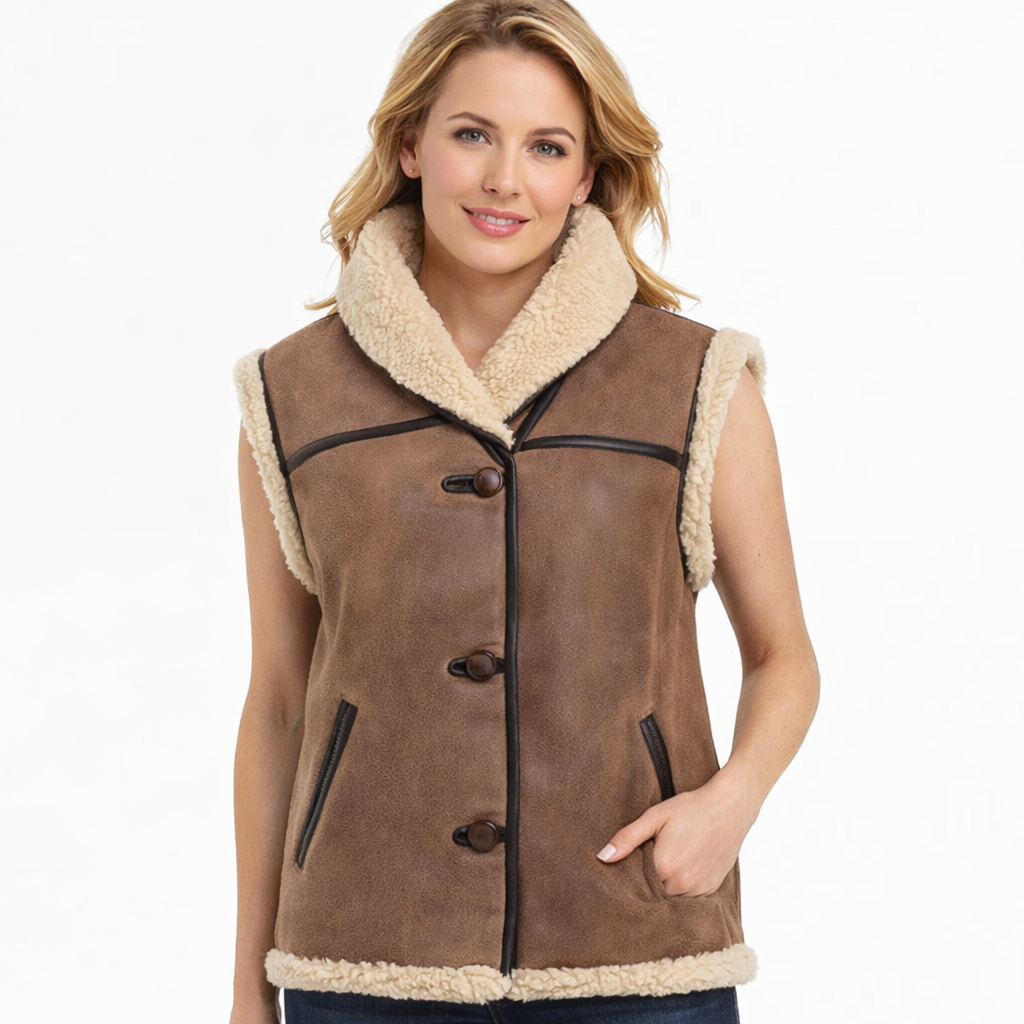 Women’s Brown Shearling Sheepskin Aviator Gilet