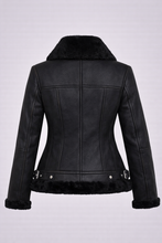 Laden Sie das Bild in den Galerie-Viewer, Damen Moya V schwarze Shearling Aviator Moto Jacke
