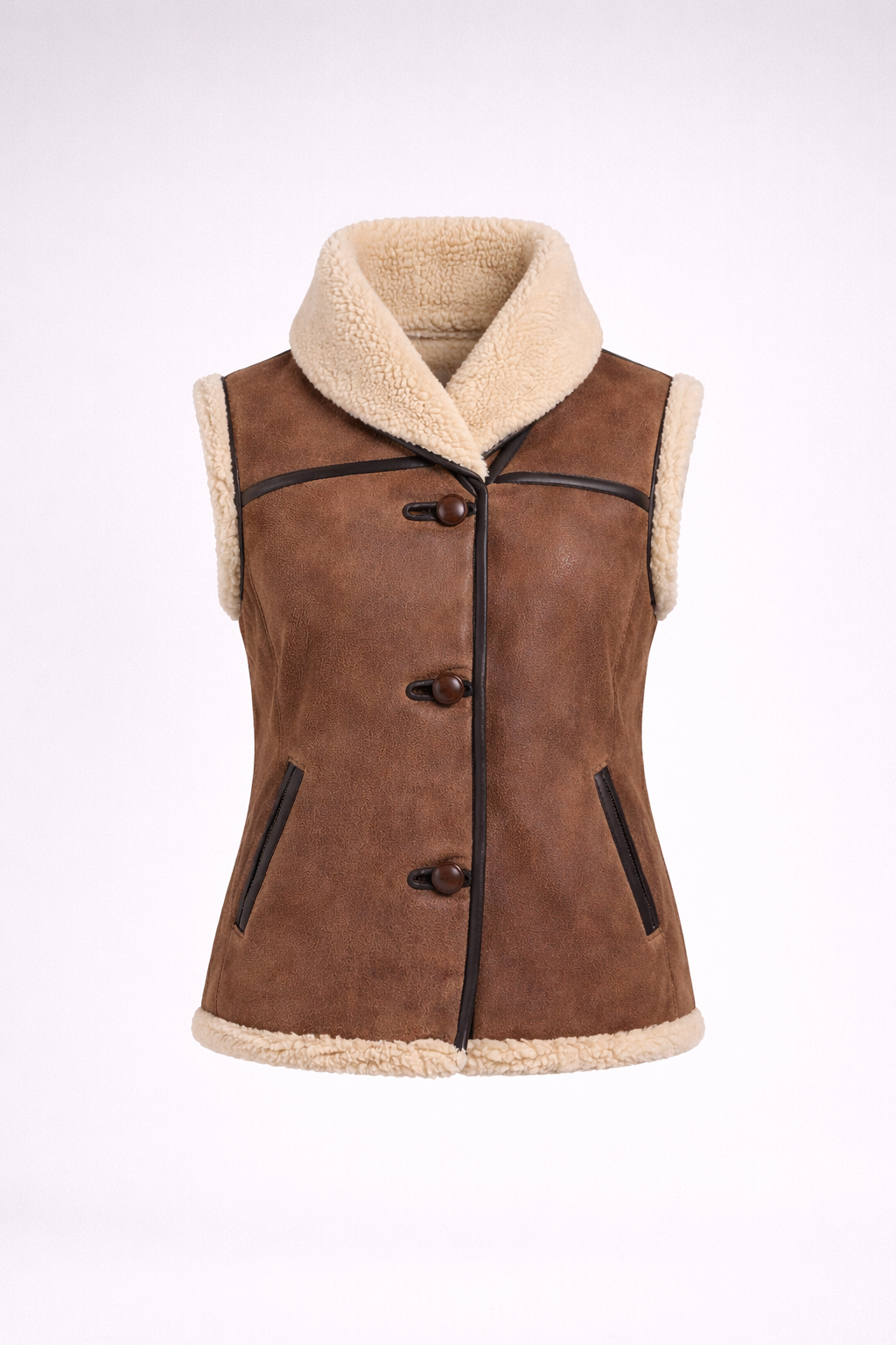 Damen Braunes Shearling Lammfell Aviator Gilet