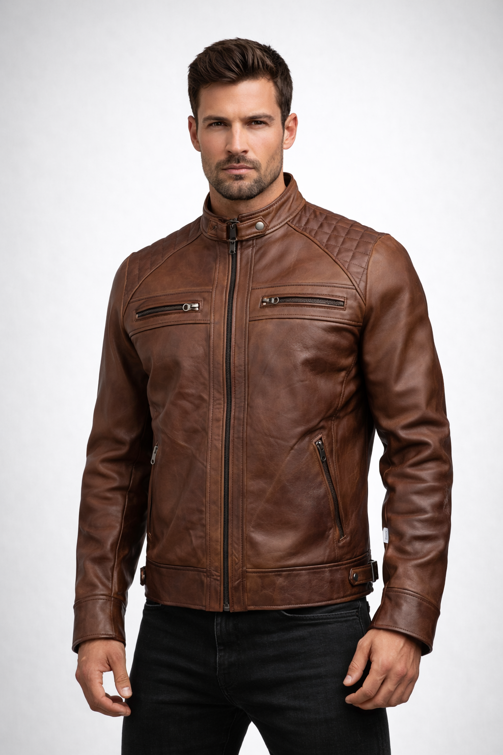 Men's Brown Leather Slim Fit Jacket