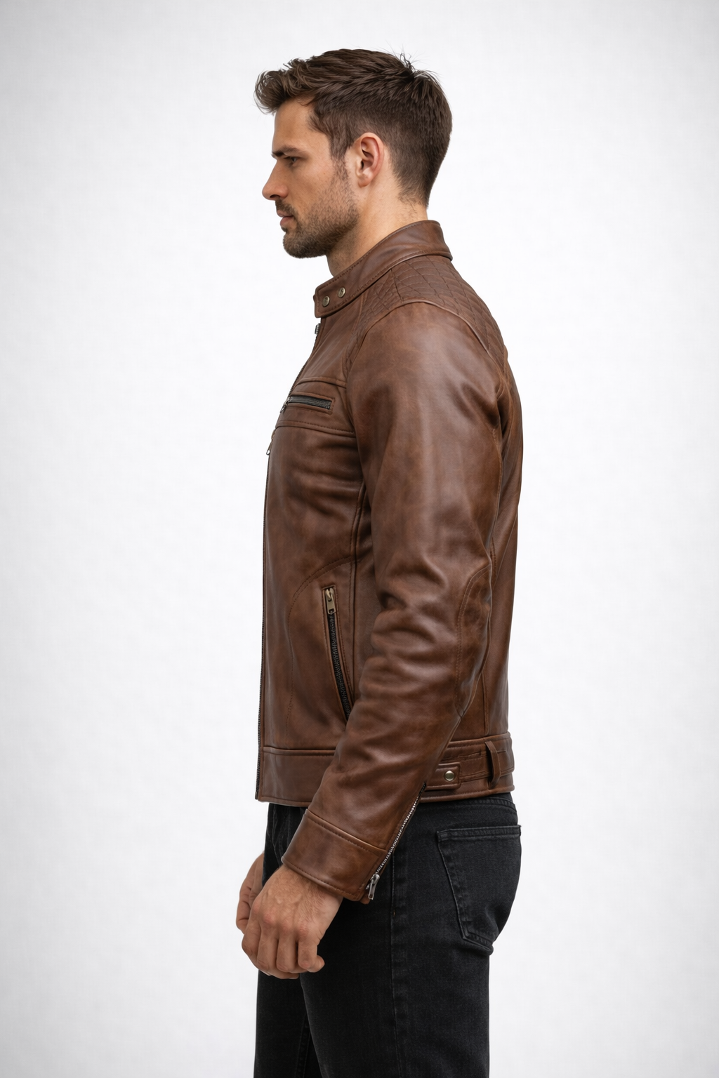 Men's Brown Leather Slim Fit Jacket