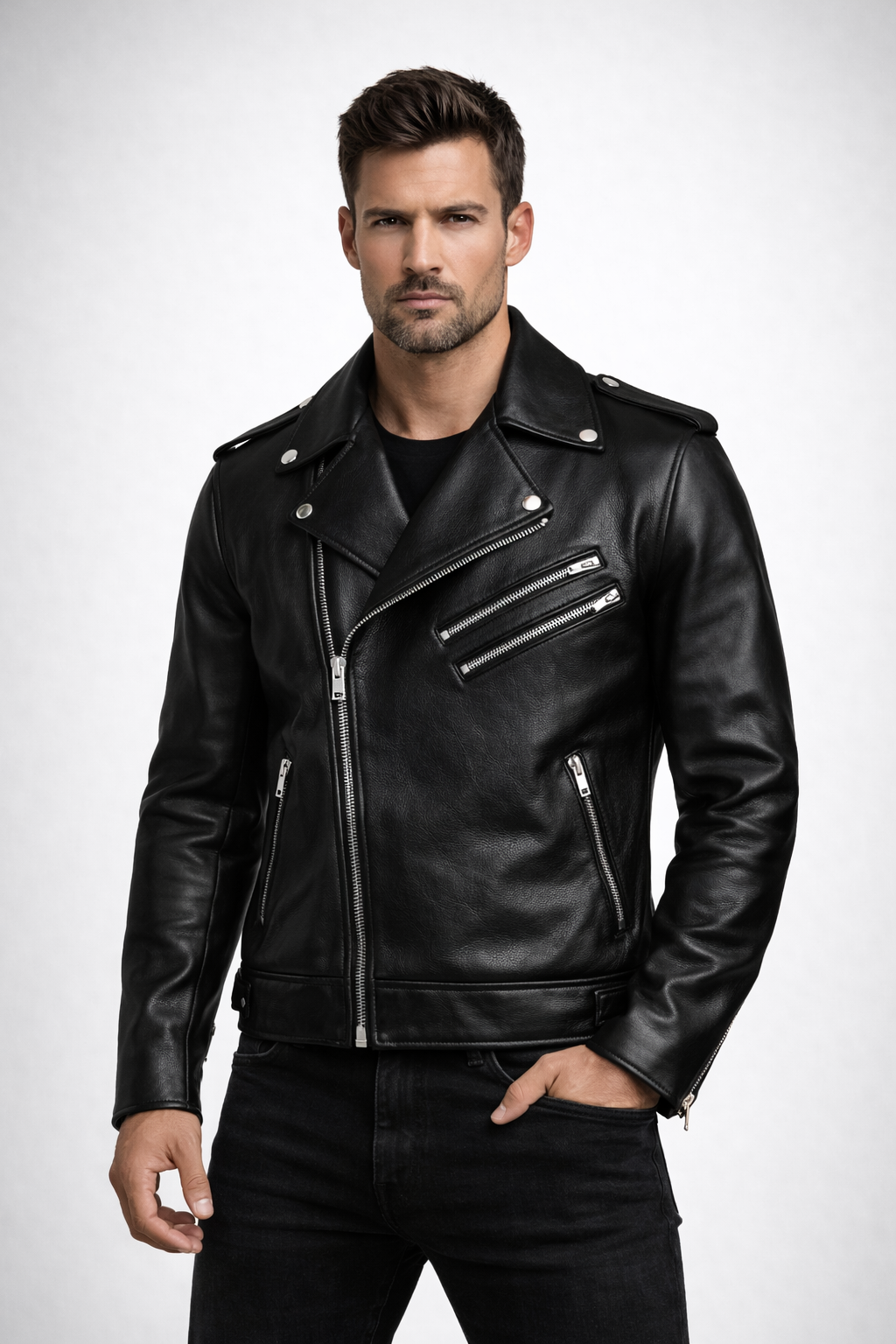 Men's Double Zipper Black Biker Jacket