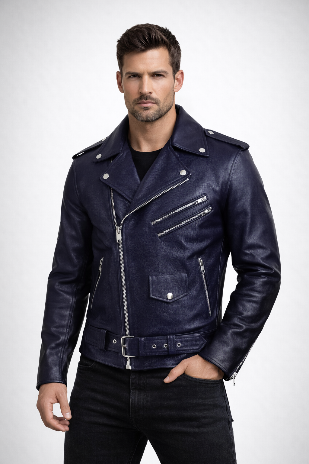 Men's Navy Blue Biker Leather Jacket