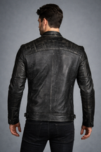 Men's Black Distressed Cafe Racer Leather Jacket