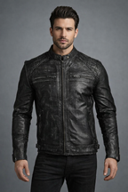 Men's Black Distressed Cafe Racer Leather Jacket