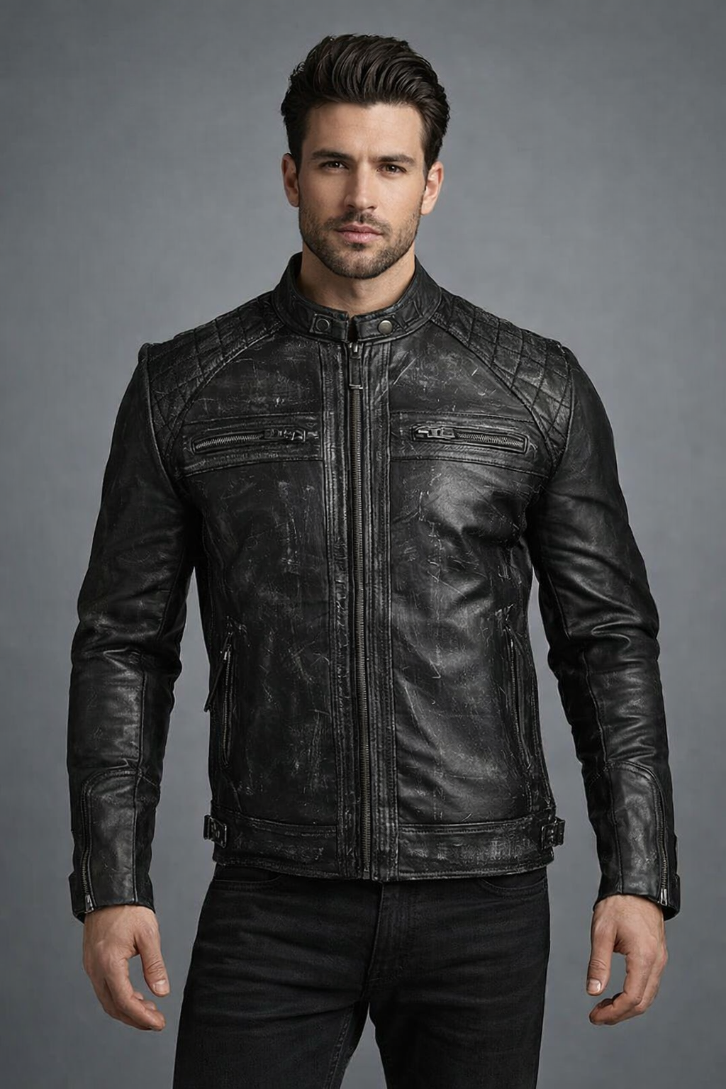 Men's Black Distressed Cafe Racer Leather Jacket