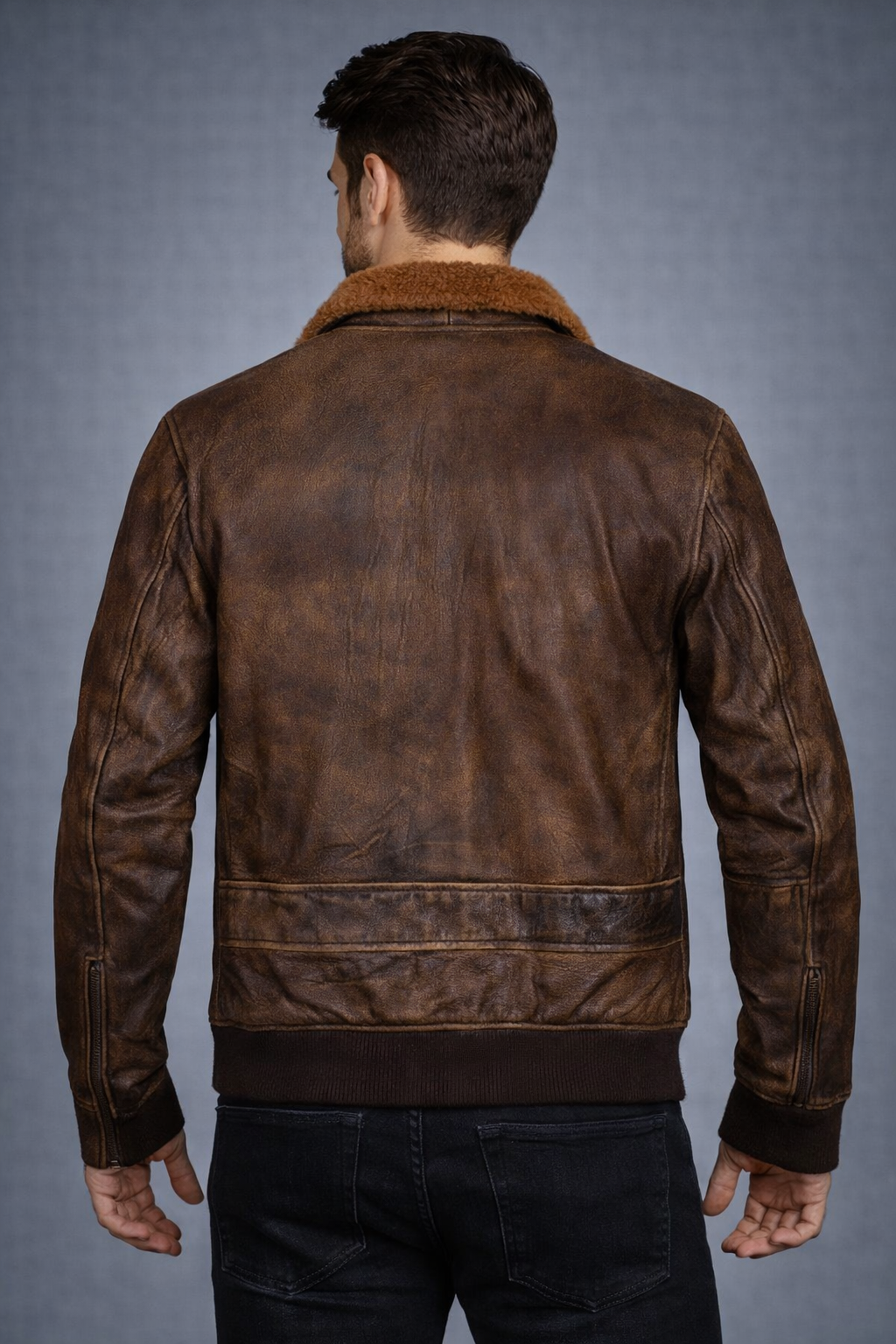 Men's Distressed Brown Leather Bomber Jacket