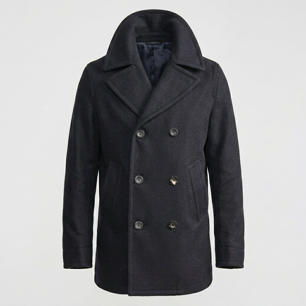 Men’s Dark Navy Fleece Peacoat – Classic Double Breasted Winter Coat