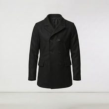 Laden Sie das Bild in den Galerie-Viewer, Men’s Black Navy Fleece Peacoat – Classic Double Breasted Winter Coat
