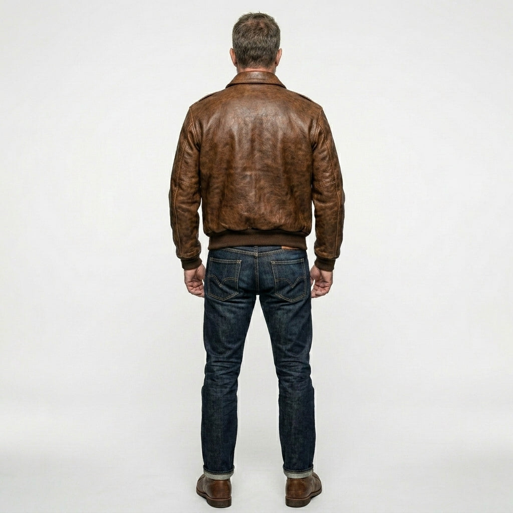 Men’s 100 Mission A-2 Pilot Leather Jacket – Classic Aviation Bomber Coat
