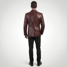 Laden Sie das Bild in den Galerie-Viewer, Men’s Burgundy Lambskin Leather Double Breasted Blazer – Travel Hide
